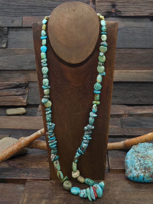 Mixed Turquoise Stone Bead Necklace with Coral by Fred Archuleta - 30 in.