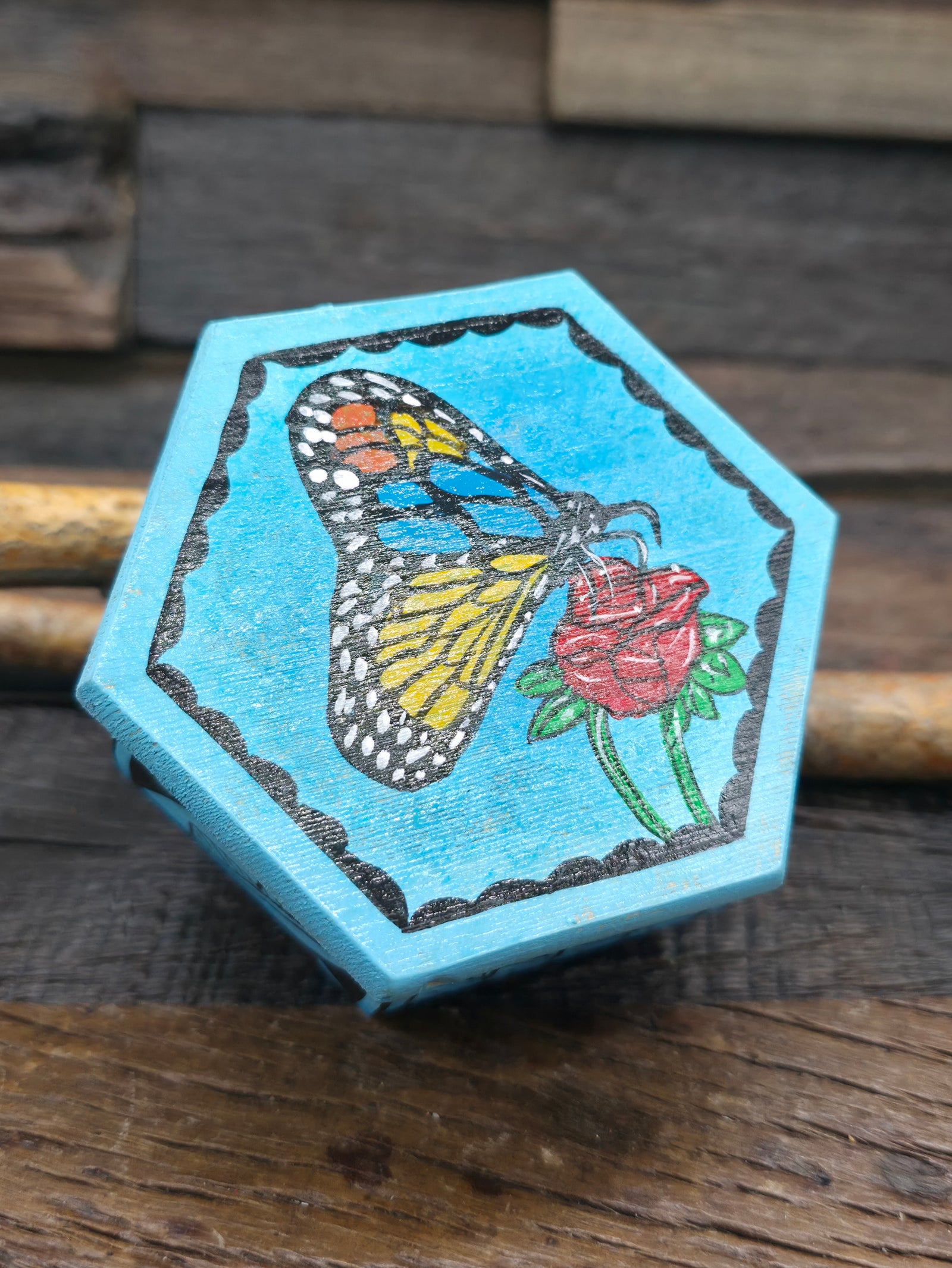 Handpainted Wooden Trinket Box by Andy Tsosie - Butterfly - 3 in. by 3 in. by 2 in.