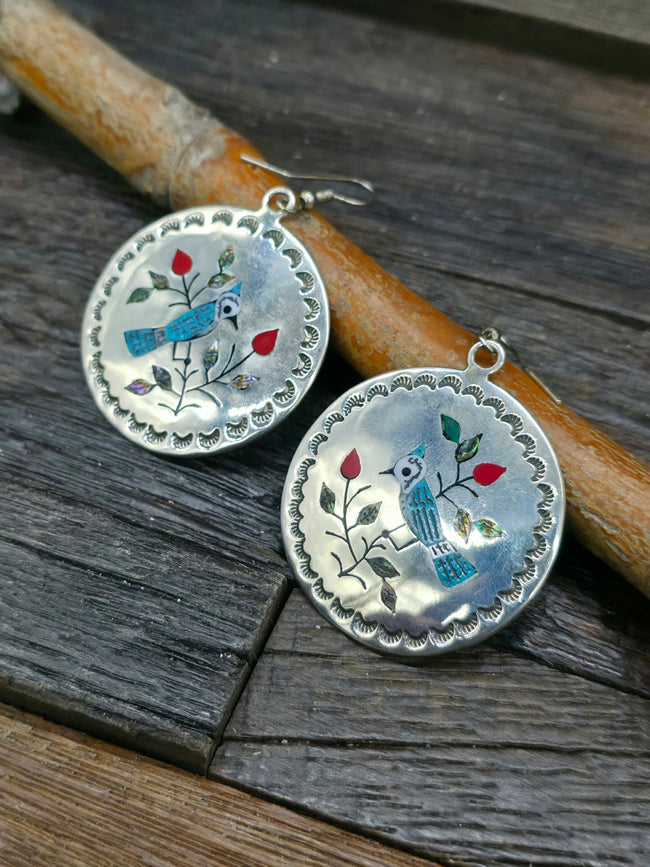 Sterling Silver Bluejay Zuni Inlay Earrings by Raymond Boyd