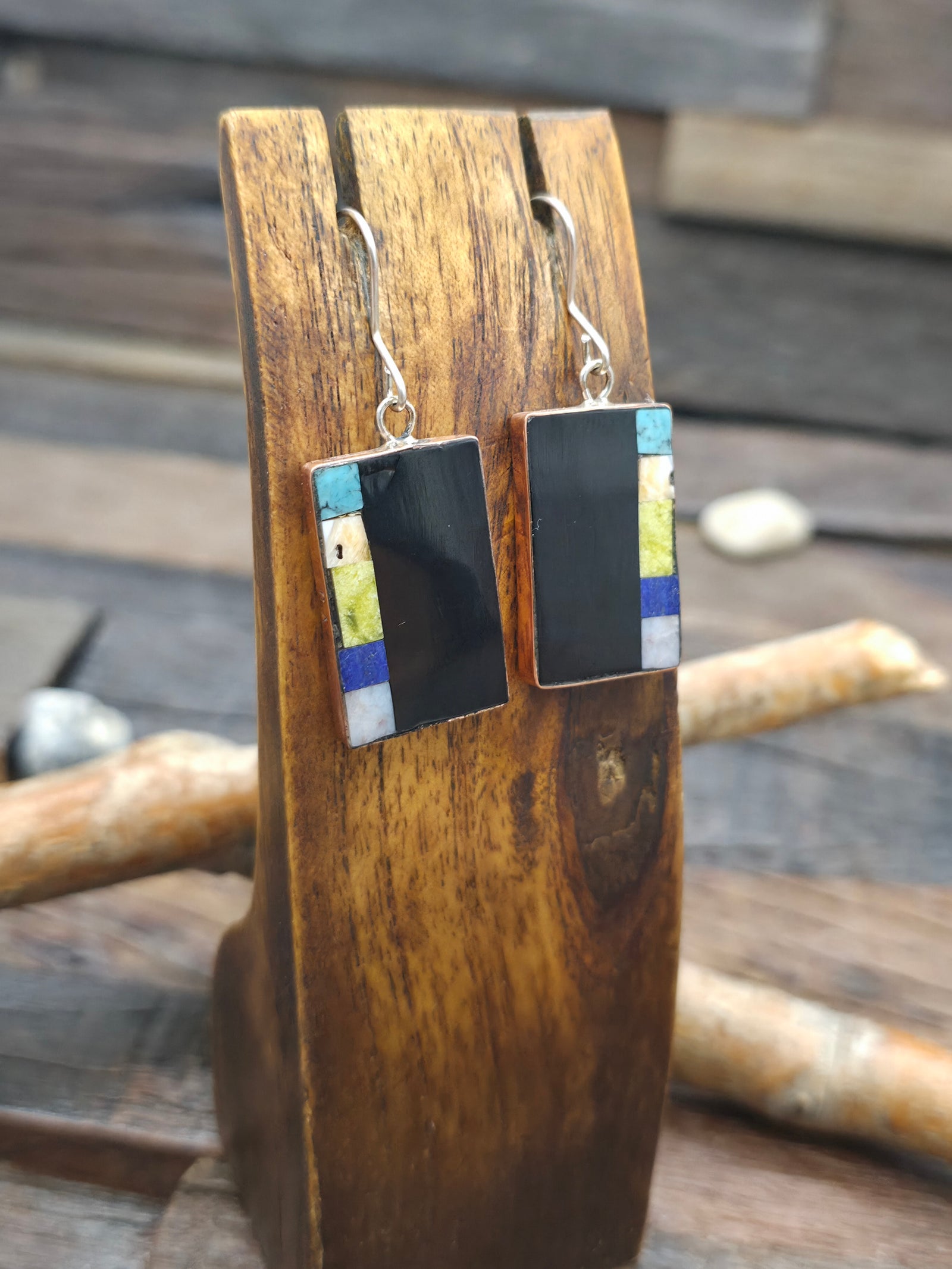 Mosaic Inlay Earrings with Jet, Turquoise, Serpentine, and Lapis Wrapped in Copper by Gabriel Aguilar