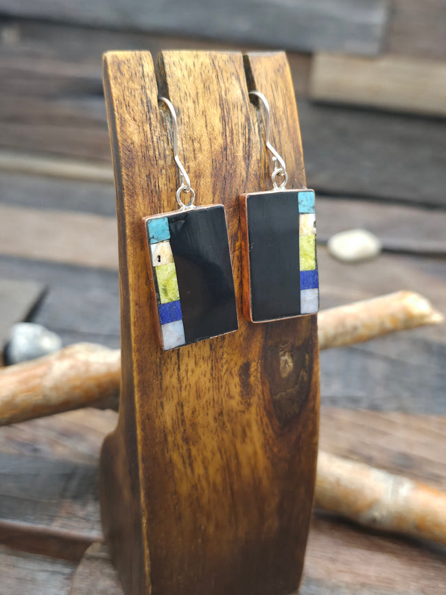 Mosaic Inlay Earrings with Jet, Turquoise, Serpentine, and Lapis Wrapped in Copper by Gabriel Aguilar