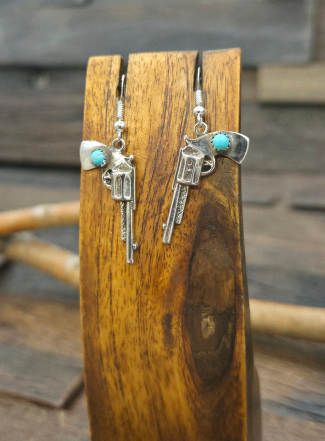 Sterling Silver Turquoise Revolver Hook Earrings - 2 in. by 3/4 in.