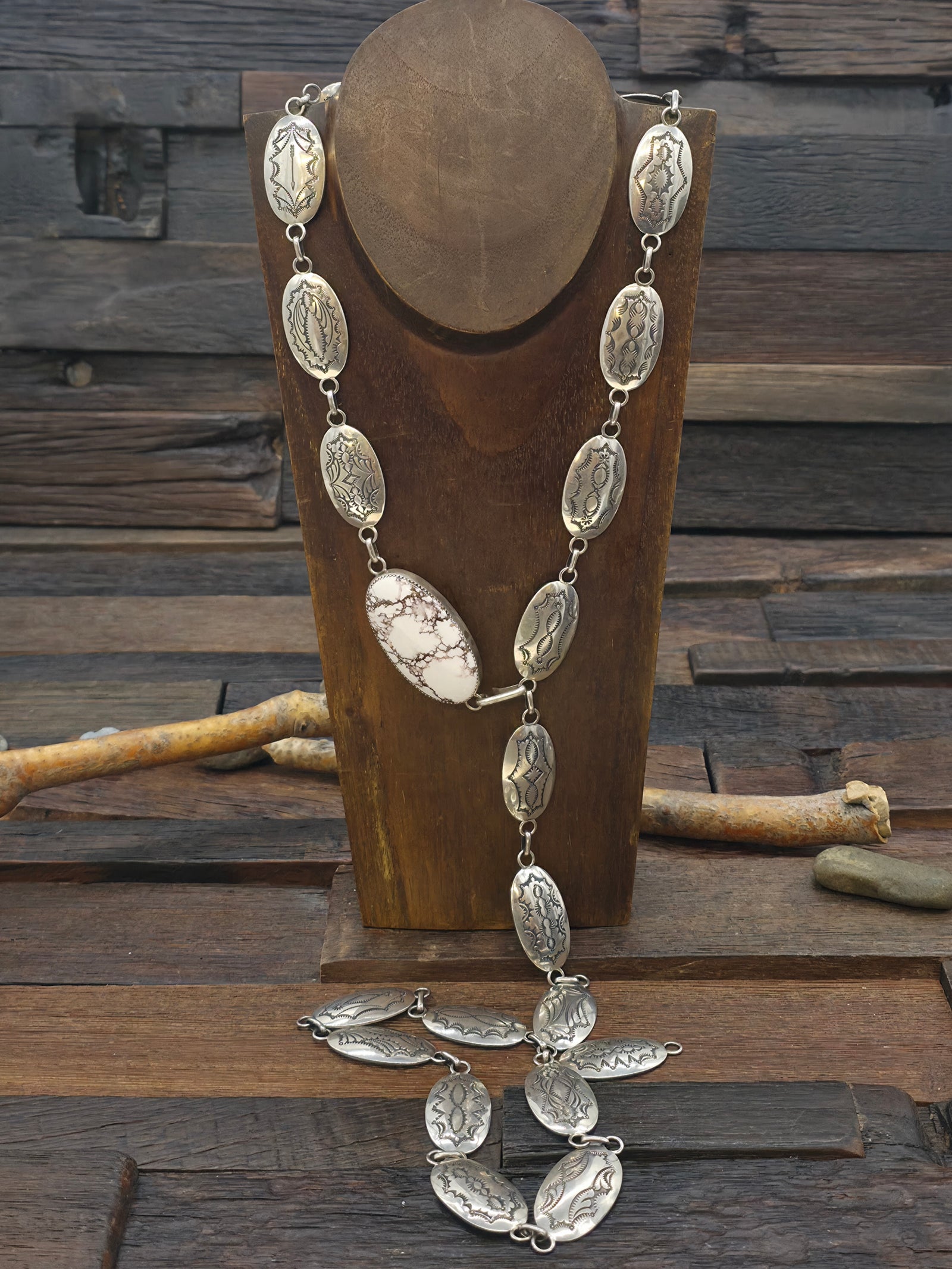 Stamped Sterling Silver Link Belt with Wild Horse Buckle by Thomas Nez - 42 in.