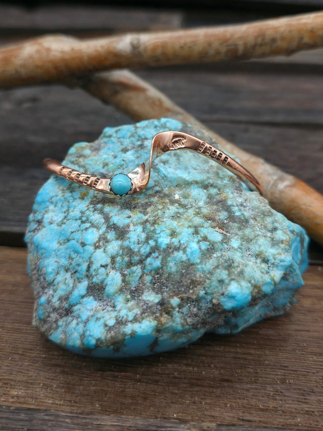 Single Twist Stamped Copper Cuff with Turquoise by Yolanda Skeets - 7 in. w/gap