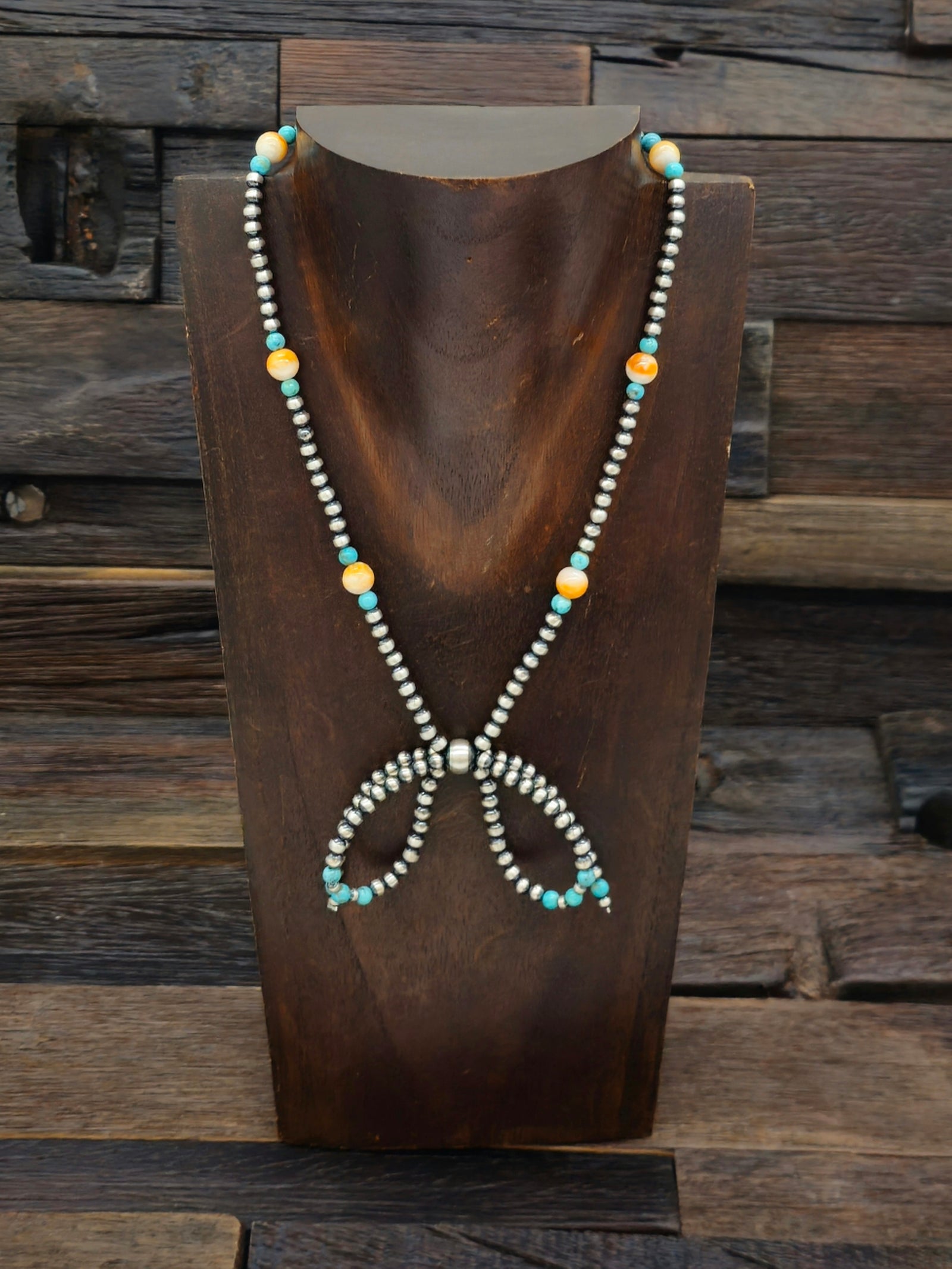 Oxidized Sterling Silver, Turquoise, and Spiny Oyster Bead Bow Necklace 16 in.