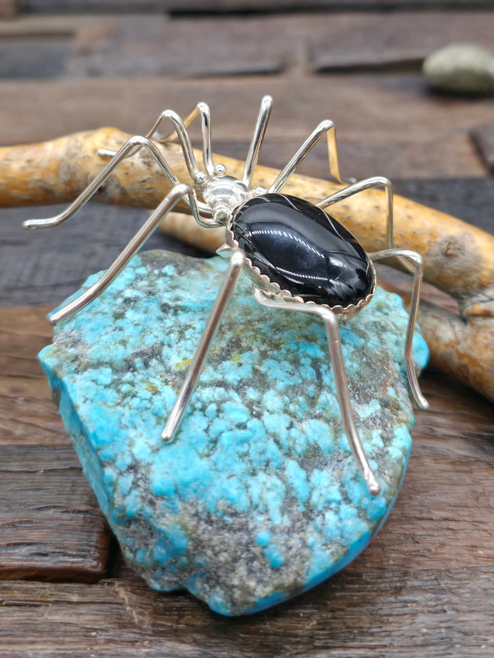 Large Sterling Silver and Onyx Spider Pin by Effie Garfield