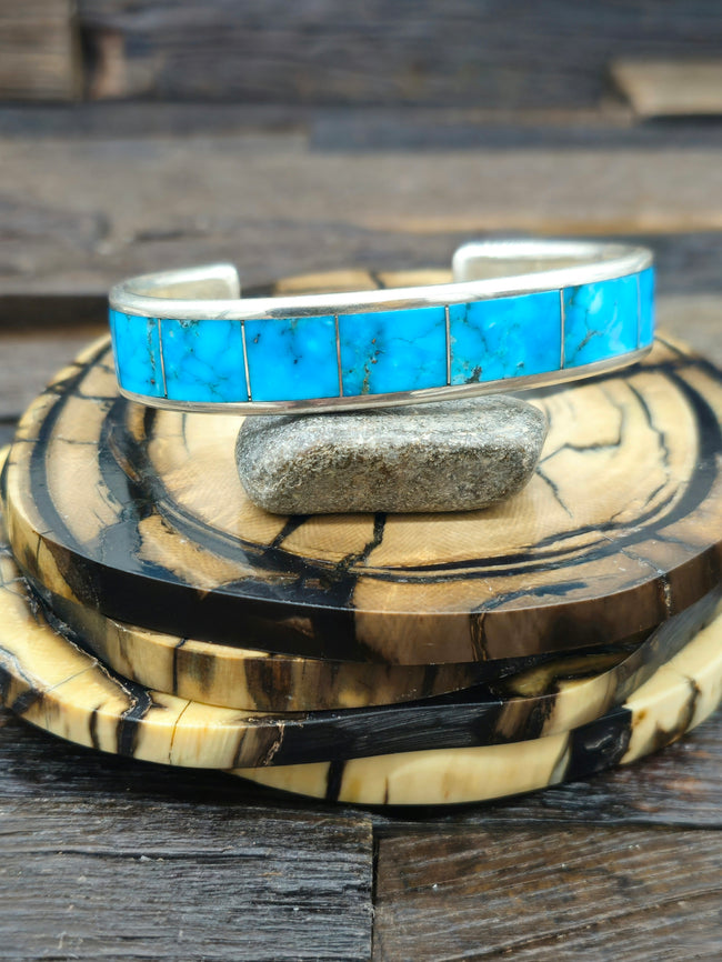 Sterling Silver and Turquoise Channel Inlay Bracelet by Larry Loretto 7 in