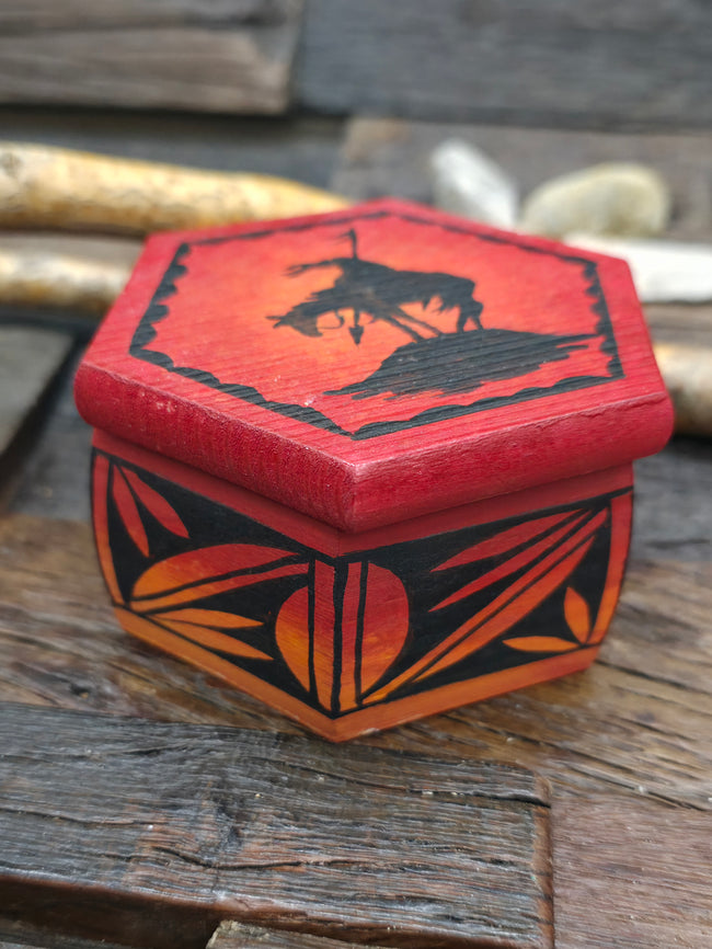 Handpainted Wooden Trinket Box by Andy Tsosie - End of the Trail - 3 in. by 3 in. by 2 in.
