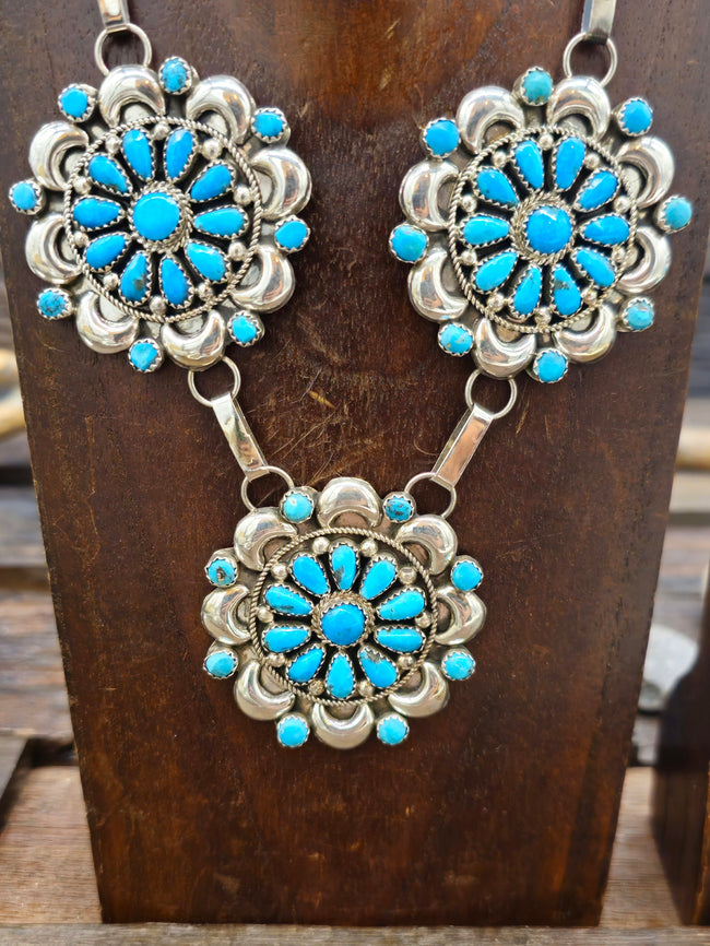 Sterling Silver and Turquoise Three Cluster Necklace and Earring Set - 19 in