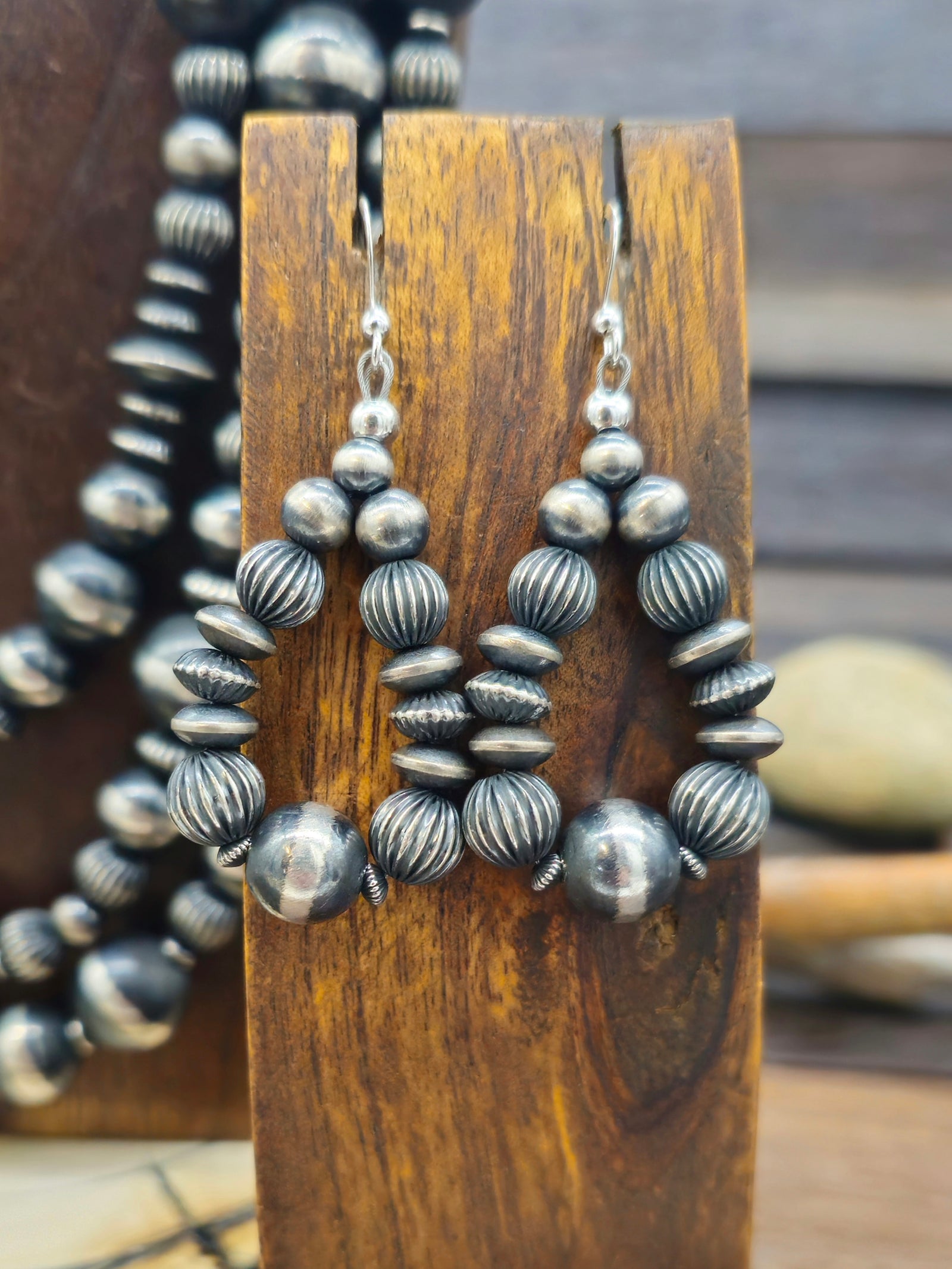 Vintage/Estate Oxidized Sterling Silver Bead Necklace and Earring Set - 24 in.