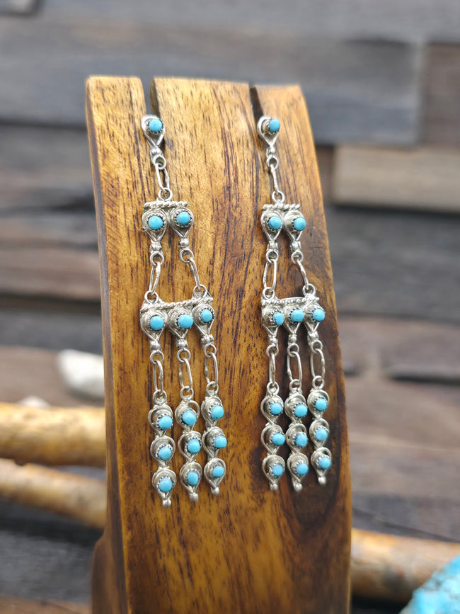 Turquoise Sterling Silver Petit Point Chandelier Earrings by Wayne Johnson - 2 3/4 in. by 1/2 in.