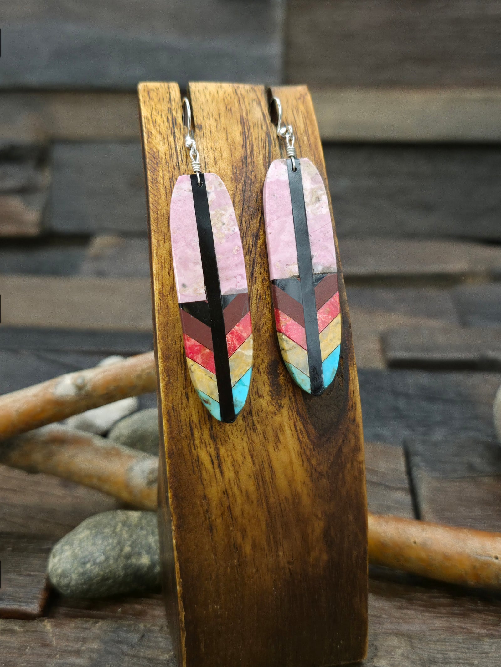 Mosaic Inlay Feather Earrings by Rudy Coriz. - Pink - 2 3/4 in. by 5/8 in.