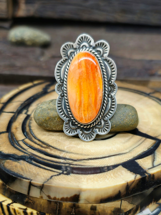 Stamped Sterling Silver and Orange Spiny Oyster Ring by Happy Piasso - Size 7