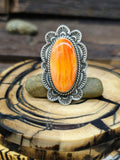Stamped Sterling Silver and Orange Spiny Oyster Ring by Happy Piasso - Size 7