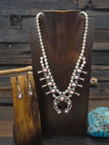Sterling Silver Pink Conch Squash Blossom Necklace and Earring Set by Phil and Lenora Garcia - 18 in.