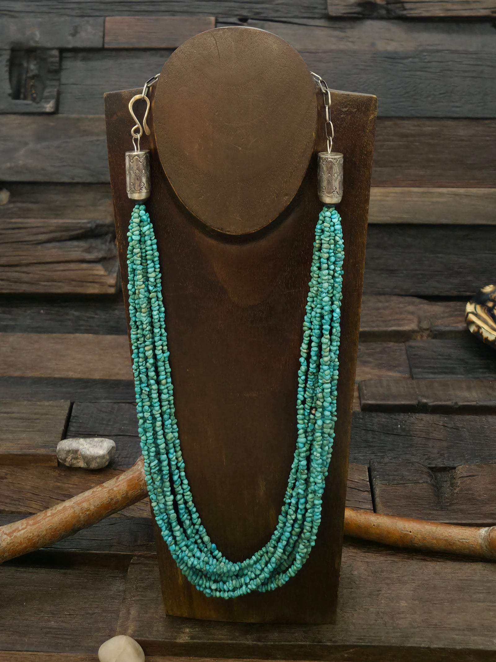 Ten Strand Blue Turquoise Nugget Necklace with Stamped Sterling Silver Caps by Fred Archuleta - 19 in. plus 5 in. Extender