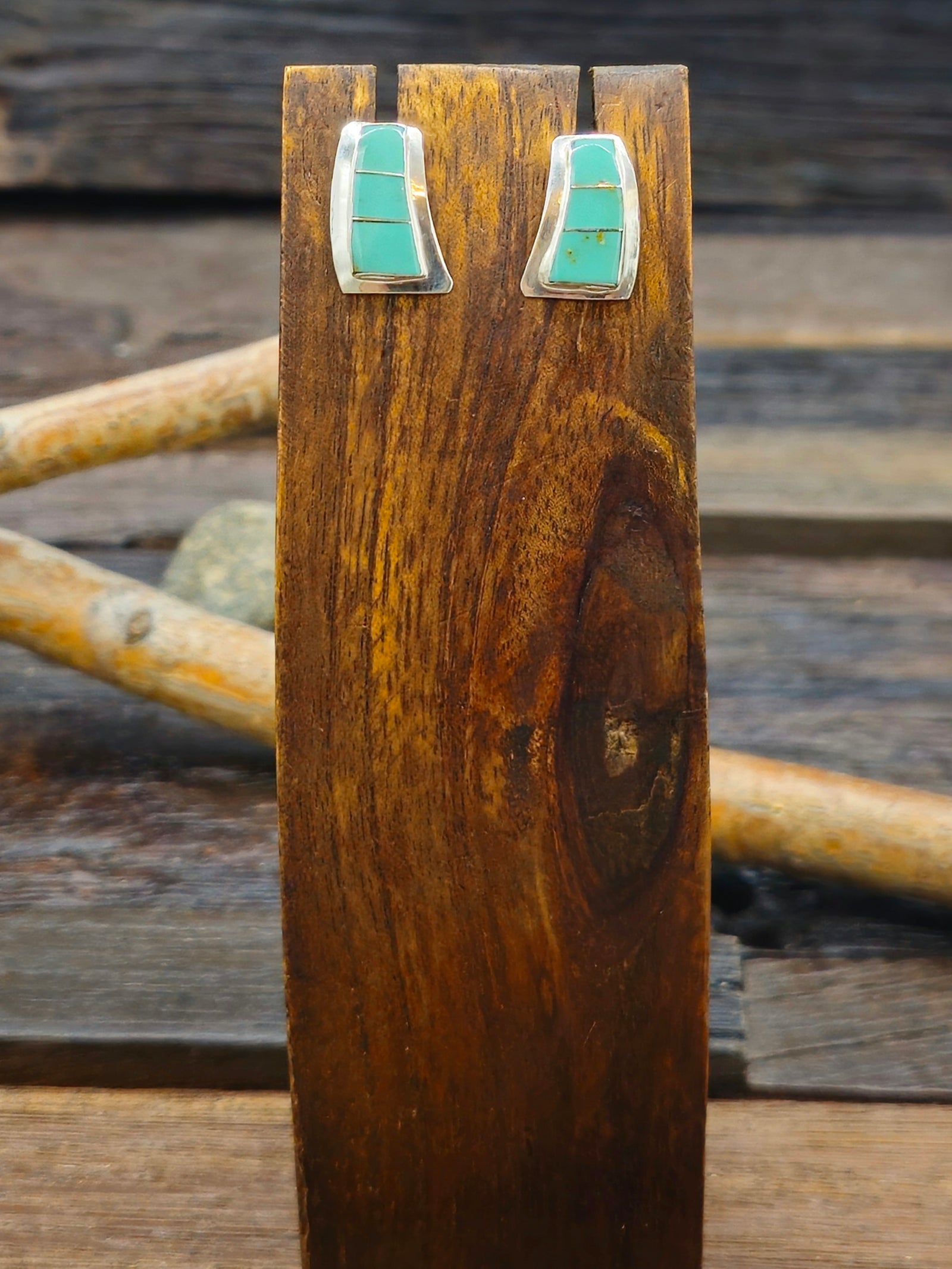 Green Turquoise Inlay Sterling Silver Post Earrings by Tammy Johnson