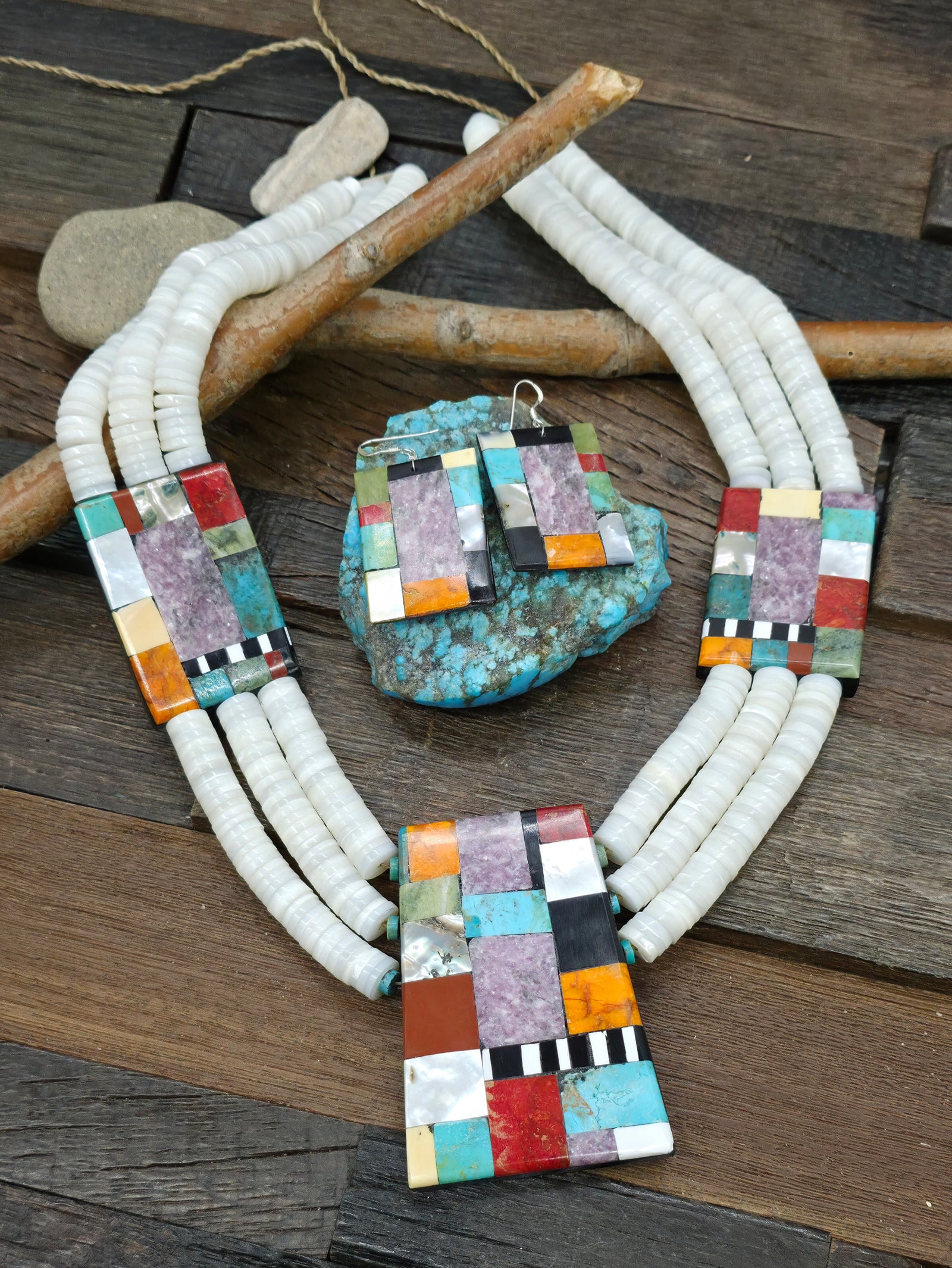 Three Strand White Shell and Mosaic Inlay Necklace and Earring Set by Delbert and Torevia Crespin - 26 in.