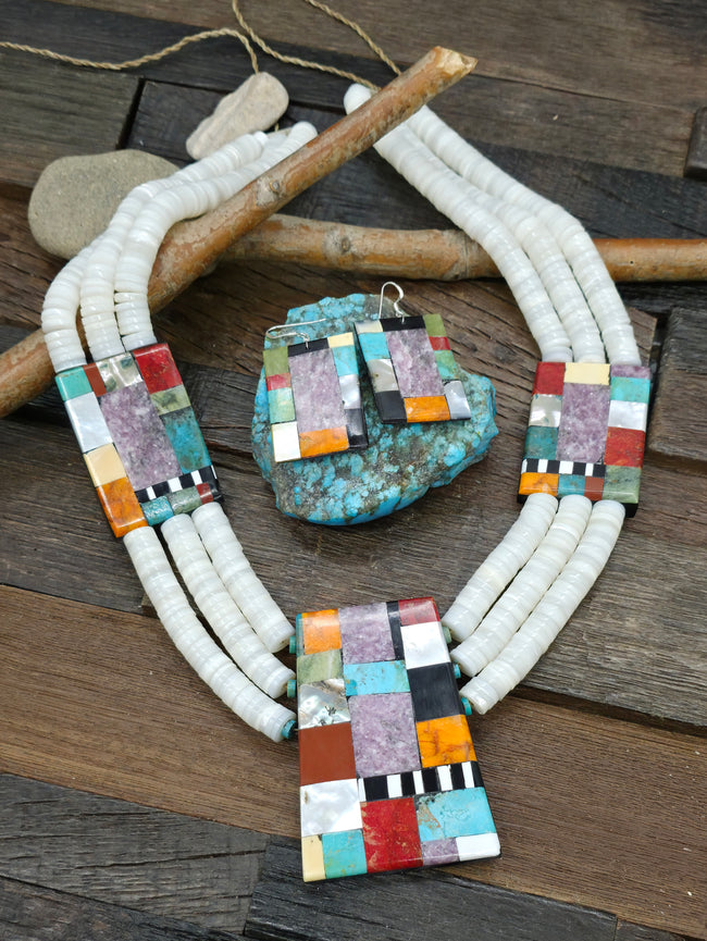 Three Strand White Shell and Mosaic Inlay Necklace and Earring Set by Delbert and Torevia Crespin - 26 in.