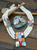Three Strand White Shell and Mosaic Inlay Necklace and Earring Set by Delbert and Torevia Crespin - 26 in.