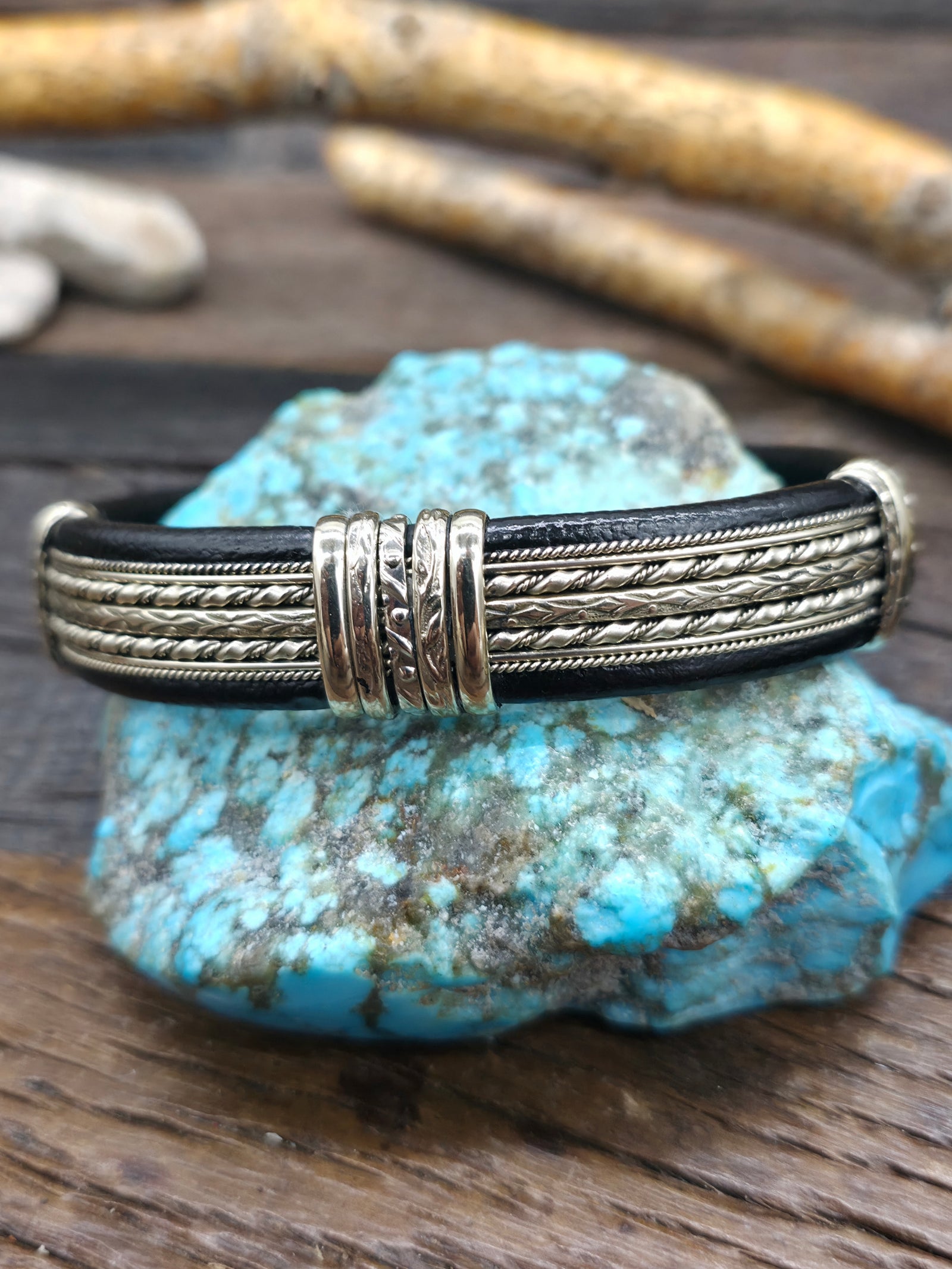 Large Leather Wrapped Nickle Wire Cuff - NON NATIVE MADE - 7 1/2 in. with Gap