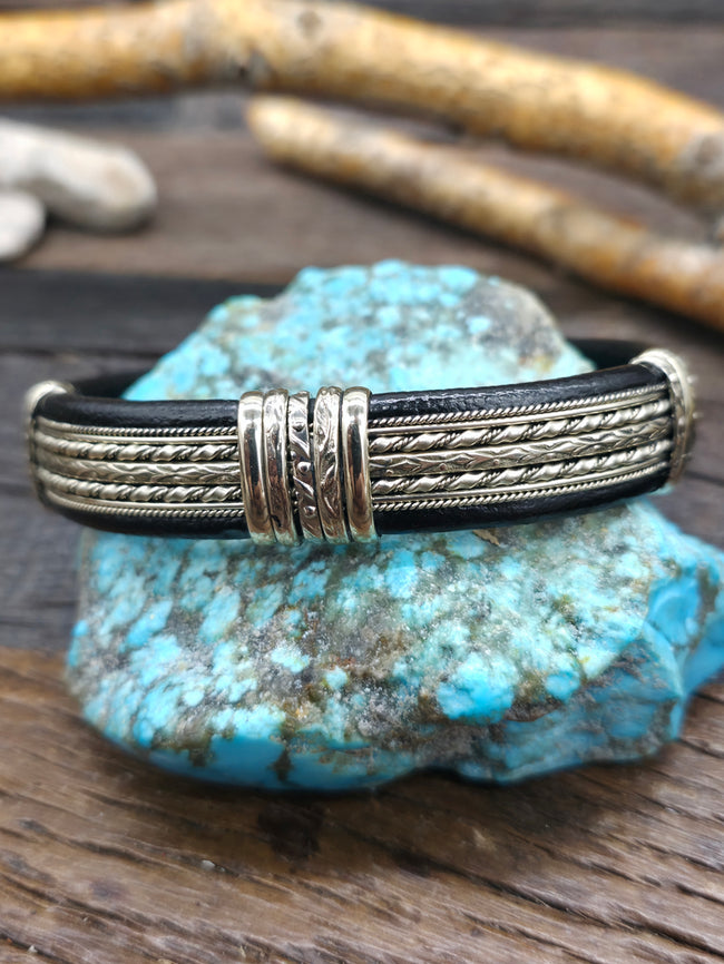 Large Leather Wrapped Nickle Wire Cuff - NON NATIVE MADE - 7 1/2 in. with Gap