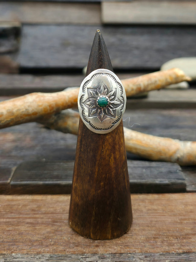 Oval Stamped Coin Silver Ring with Malachite - Size 8