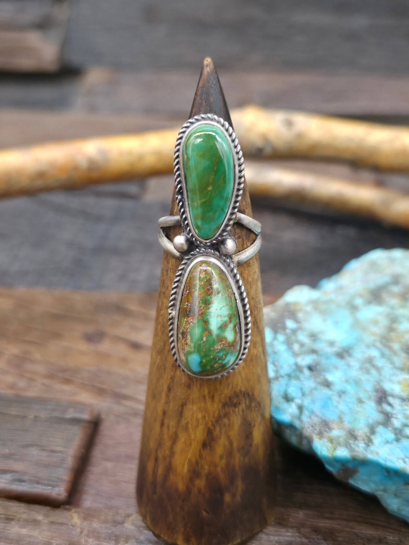 Two Stone Sterling Silver Royston Turquoise Ring by L. Ganado - Size 8