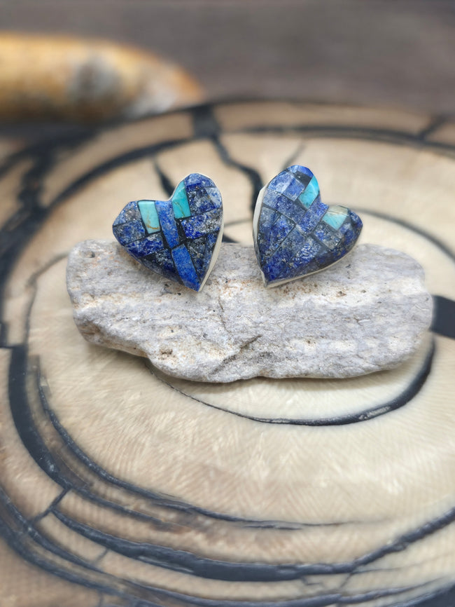 Mini Mosaic Inlay Heart Earrings by Joe and Angie Reano - 1/2 in.