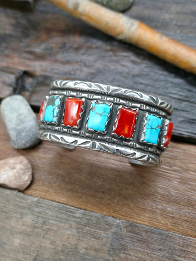 Vintage/Estate Sterling Silver Turquoise and Coral Row Cuff - 7 in.