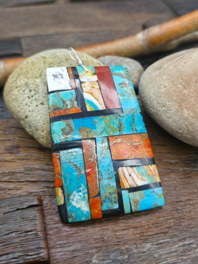 Turquoise, Sponge Coral, and Jet, and Spiny Mosaic Inlay Pendant by Colbert Sherman - 3 1/4 in. by 1 3/4 in.