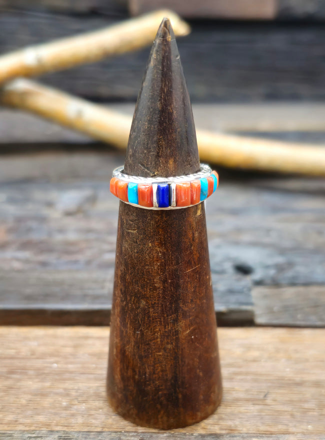 Coral, Lapis and Turquoise Cobblestone Inlay Sterling Silver Ring by Albert Topaha - Size 8 1/2