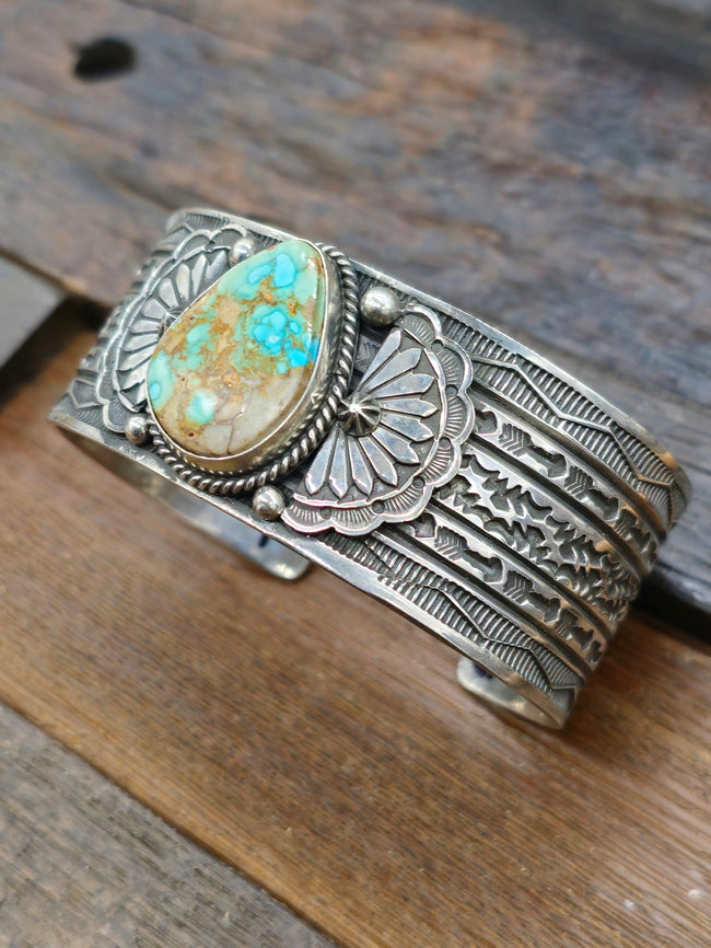 Stamped Sterling Silver Turquoise Cuff by Sunshine Reeves - 7 3/4 in.