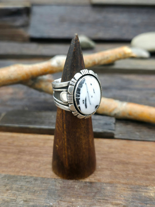 Wide White Buffalo and Sterling Silver Ring by C. Willie - Size 10 1/2