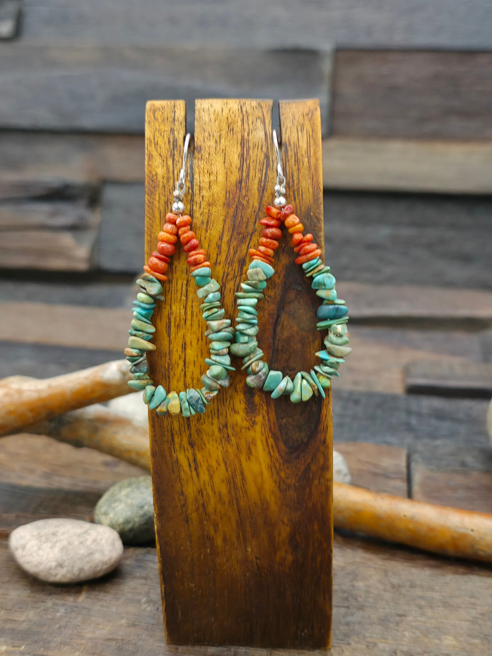 Spiny Oyster and Turquoise Nugget Loop Earring by Fred Archuleta - 2 1/2 in. by 1 in.