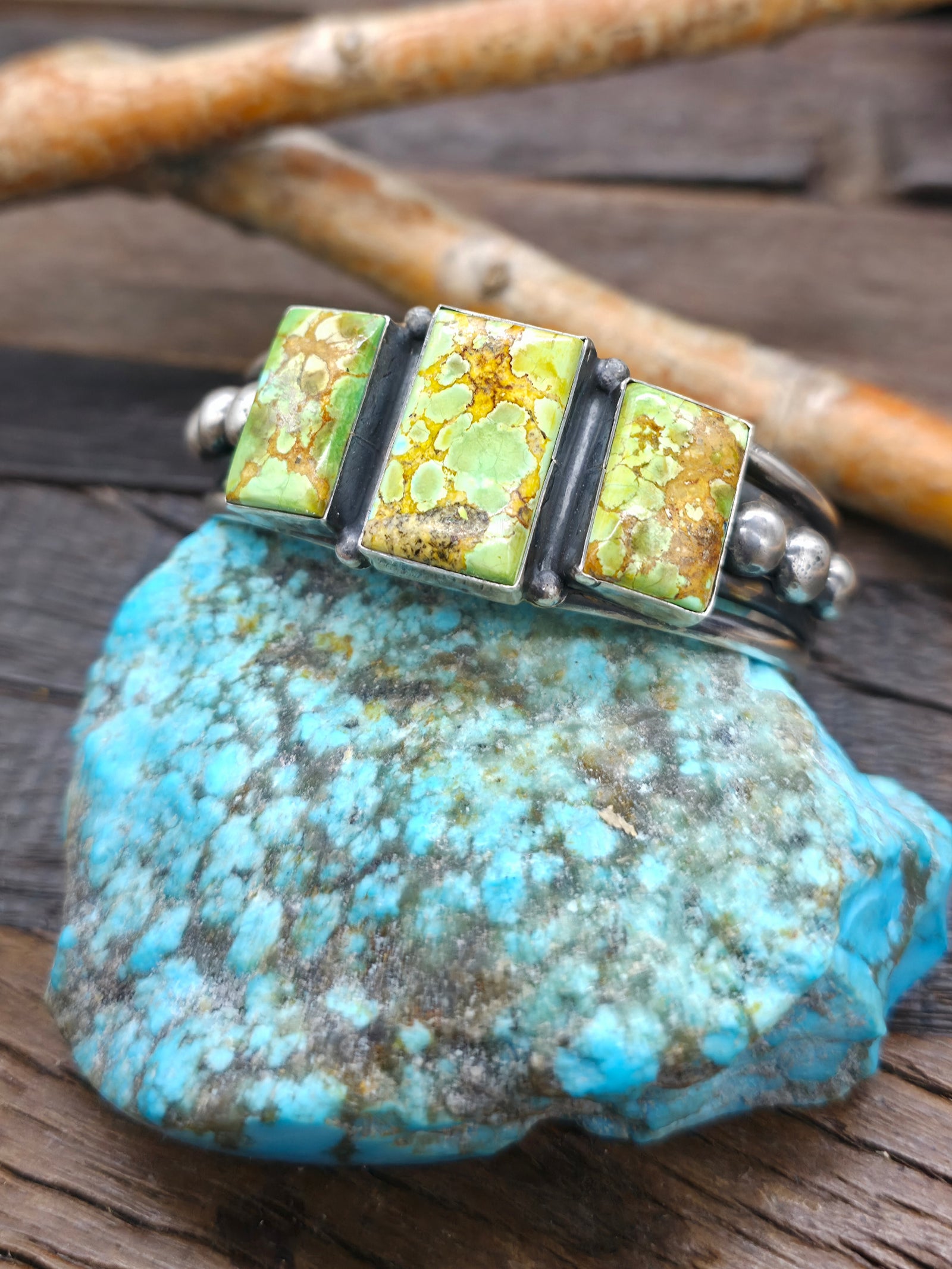 Three Stone Sonoran Turquoise Sterling Silver Cuff by J.H. - 6 1/2 in. with Gap