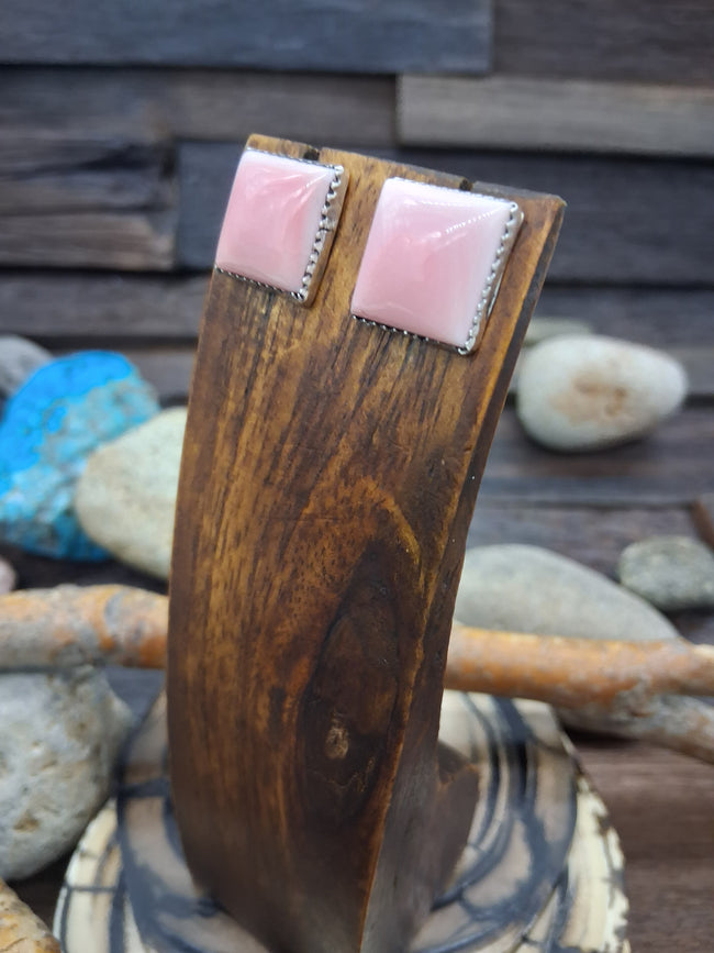 Pink Conch Square Sterling Silver Post Earrings by Dorothy Yazzie
