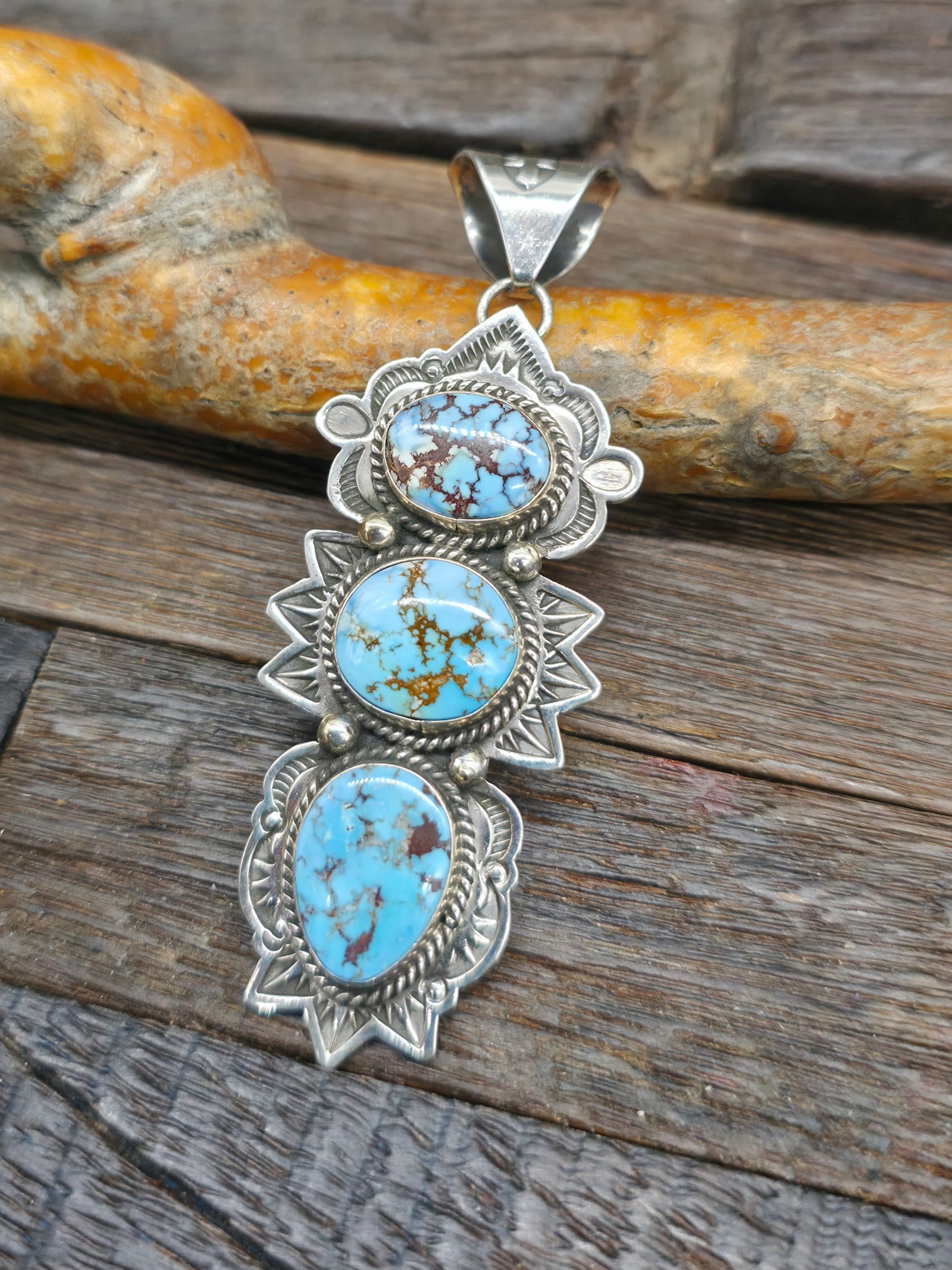 Three Stone Stamped Sterling Silver Golden Hill Turquoise Pendant by C. Wylie - 2 3/4 in. by 1 in.