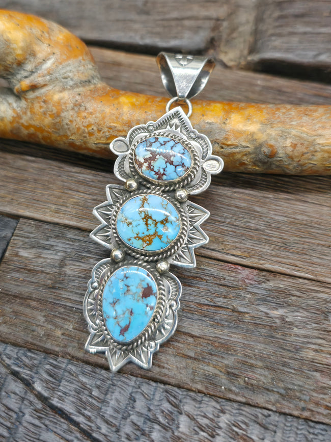 Three Stone Stamped Sterling Silver Golden Hill Turquoise Pendant by C. Wylie - 2 3/4 in. by 1 in.