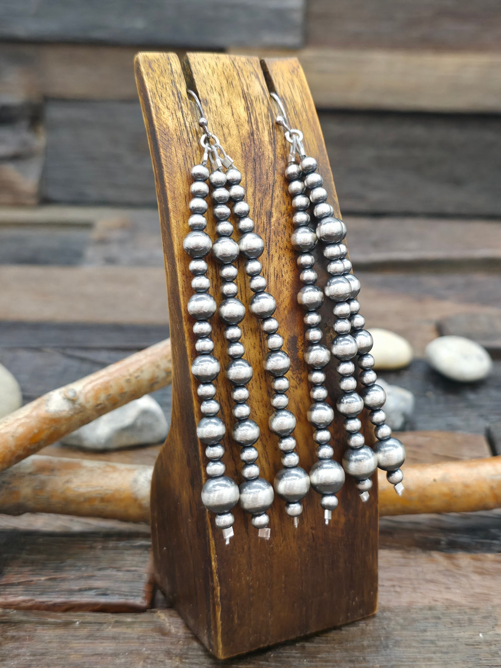 Long Oxidized Sterling Silver Bead Earrings - Triple Strand