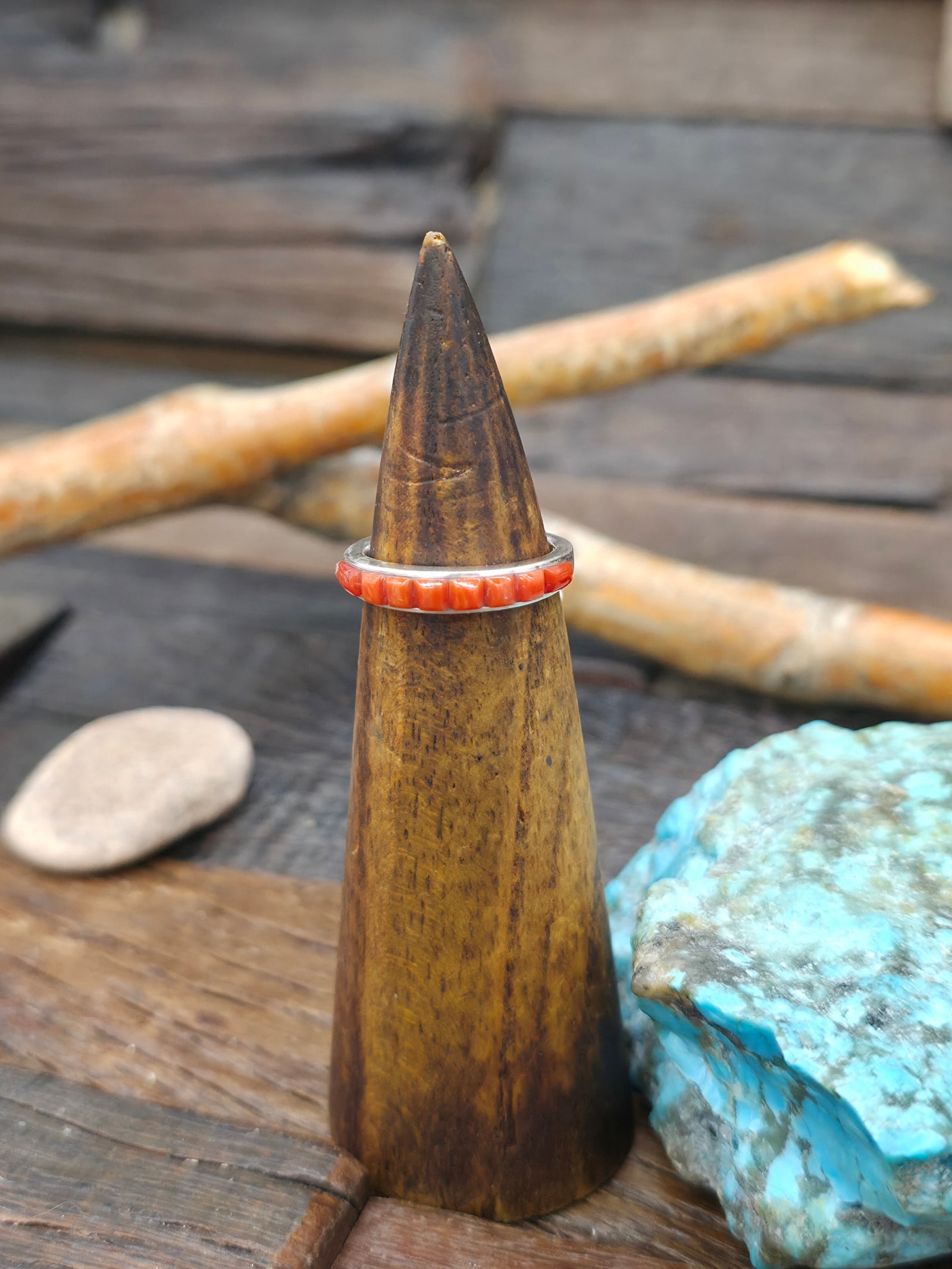 Sterling Silver Coral Cobblestone Inlay Ring by Albert Topaha - Size 7
