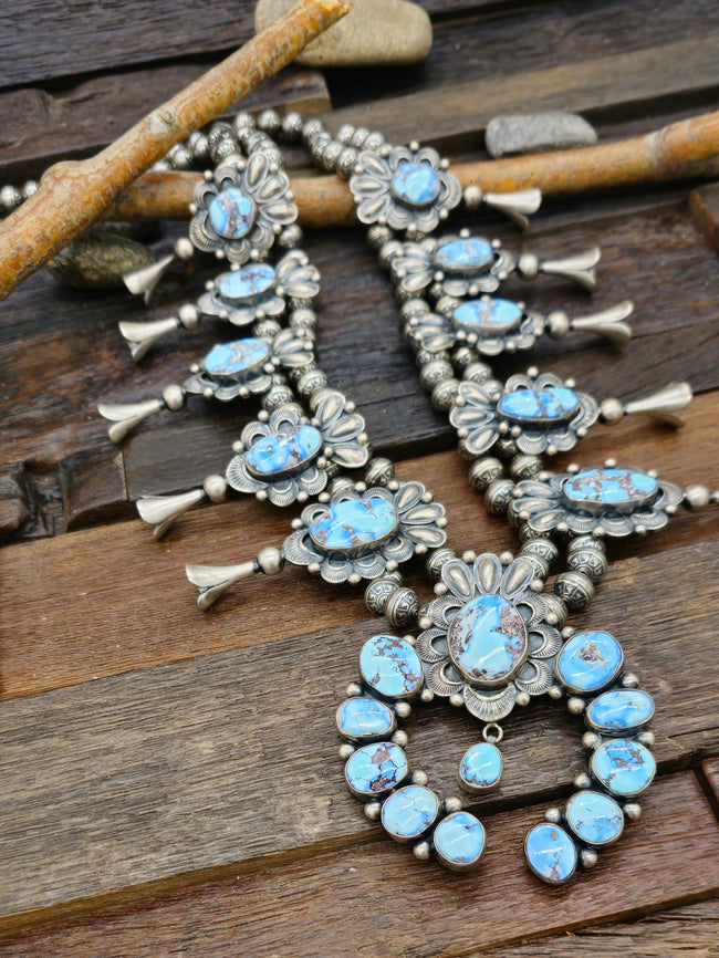 Golden Hill Turquoise Silver Squash Blossom Necklace by Mark Yazzie