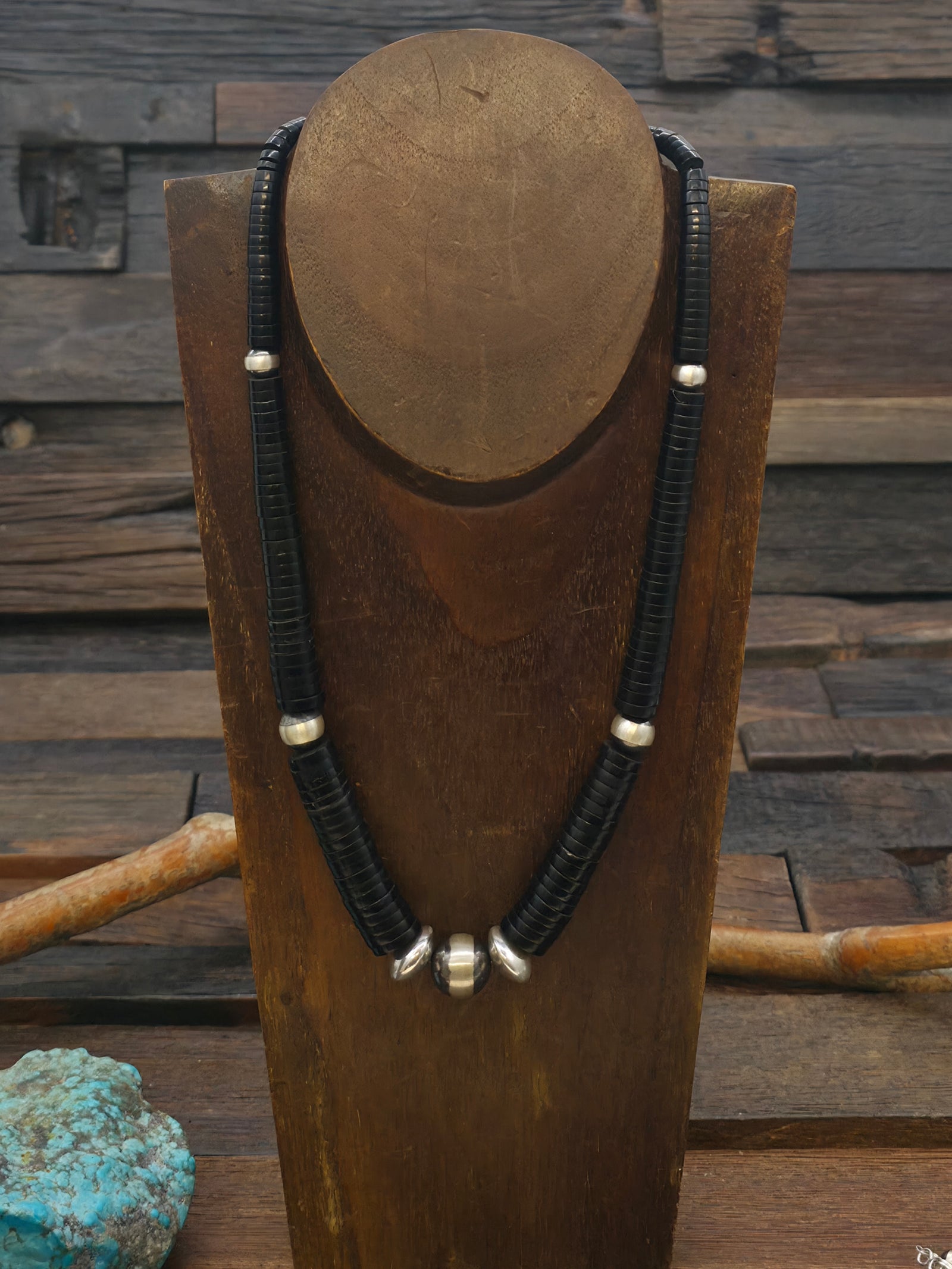 Graduated Jet Heishi Necklace with Sterling Silver Beads - 19 in.