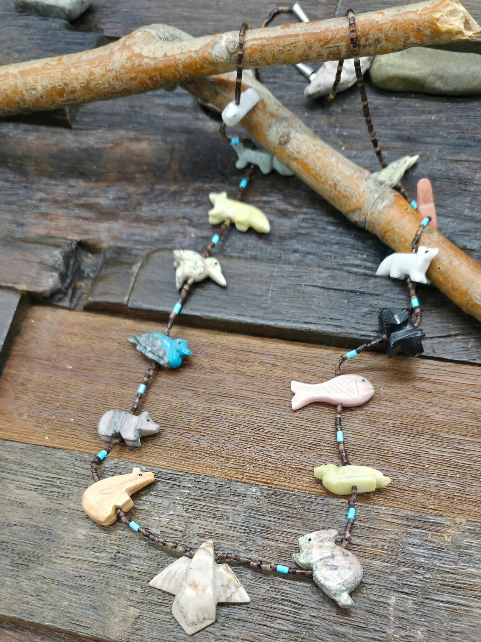 Multi Animal Zuni Fetish Necklace with Central Bird by Larry Cisco - 30 in.