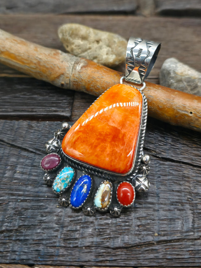 Sterling Silver Orange Spiny Pendant with Coral, Lapis, Turquoise, and Purple Spiny by Rosella Paxson - 3 in. by 1 3/4 in.