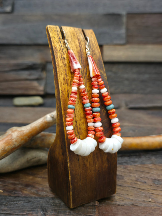 Spiny Oyster and Turquoise Jacla Earrings by Teresa Montoya - 3 1/4 in. by 1 in.