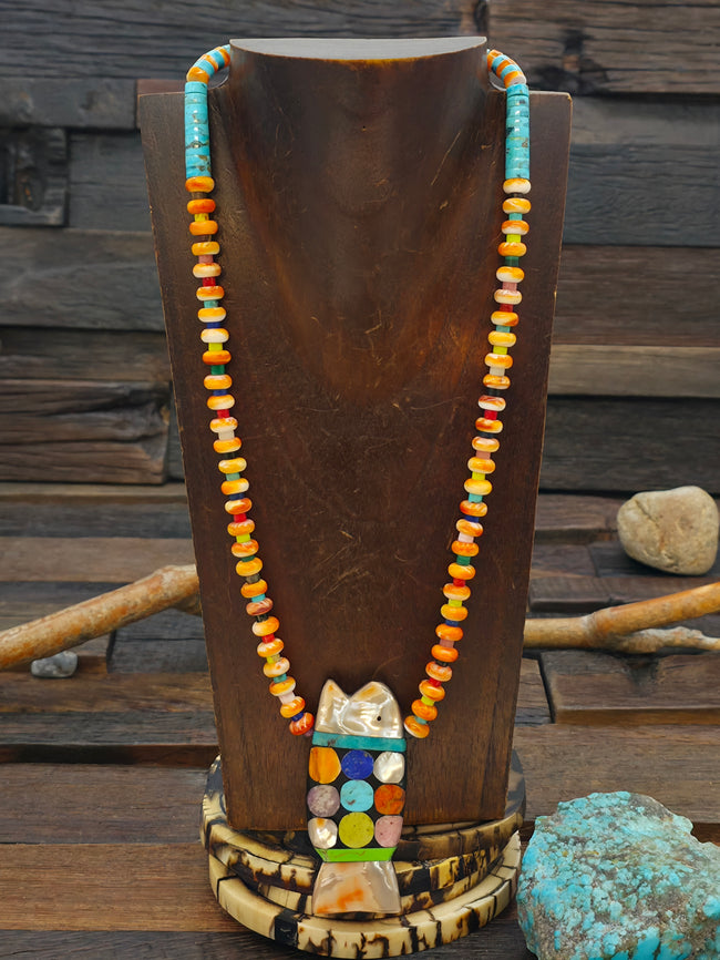 Turquoise and Spiny Oyster Necklace with Mosaic Inlay Fish Pendant by Mary Tafoya - 22 in.