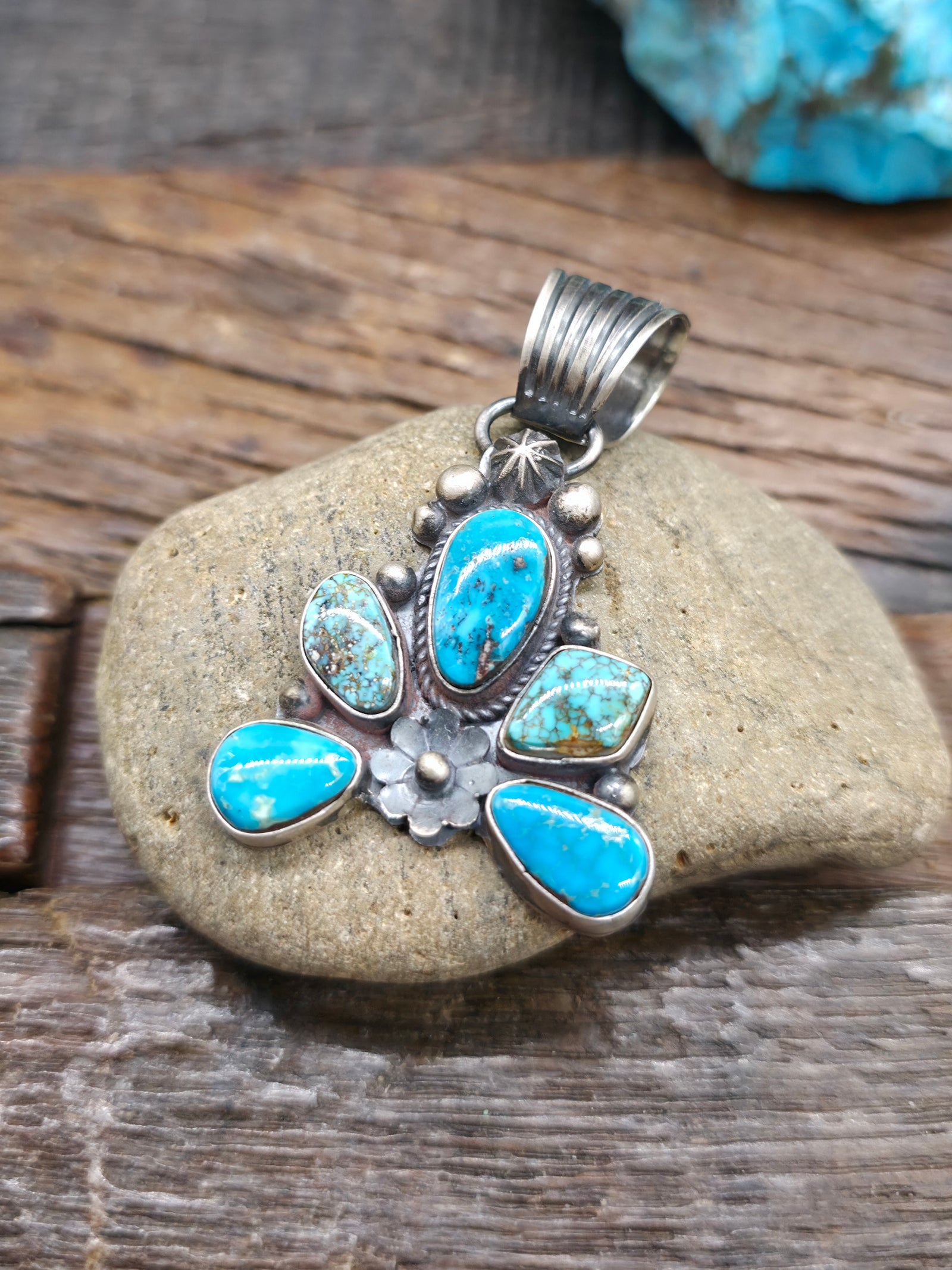 Sterling Silver Blue Gem Turquoise Half Cluster Pendant by LaRose Ganadanegro - 2 in. by 1 1/4 in.