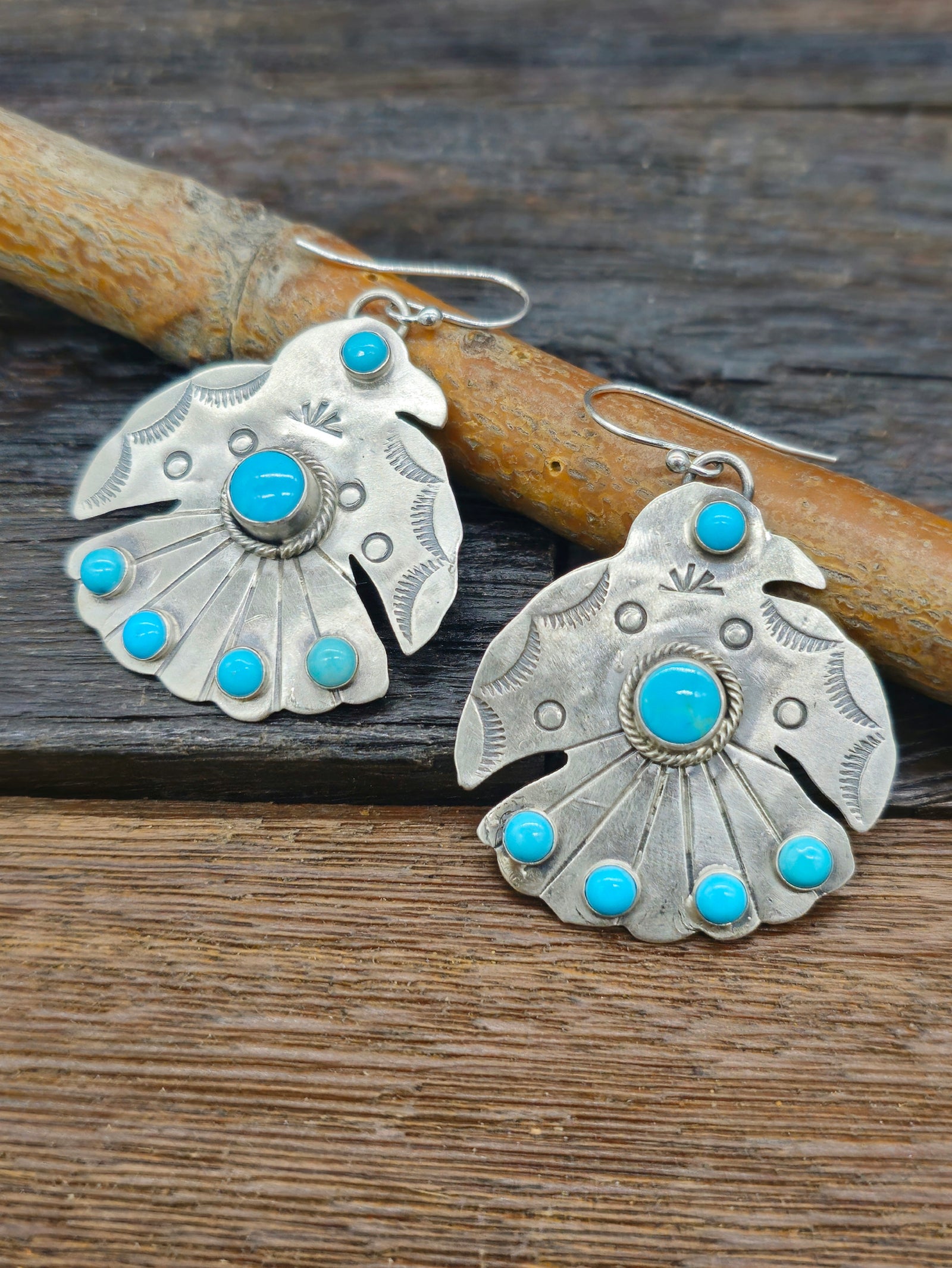 Stamped Sterling Silver Thunderbird Earrings with Turquoise