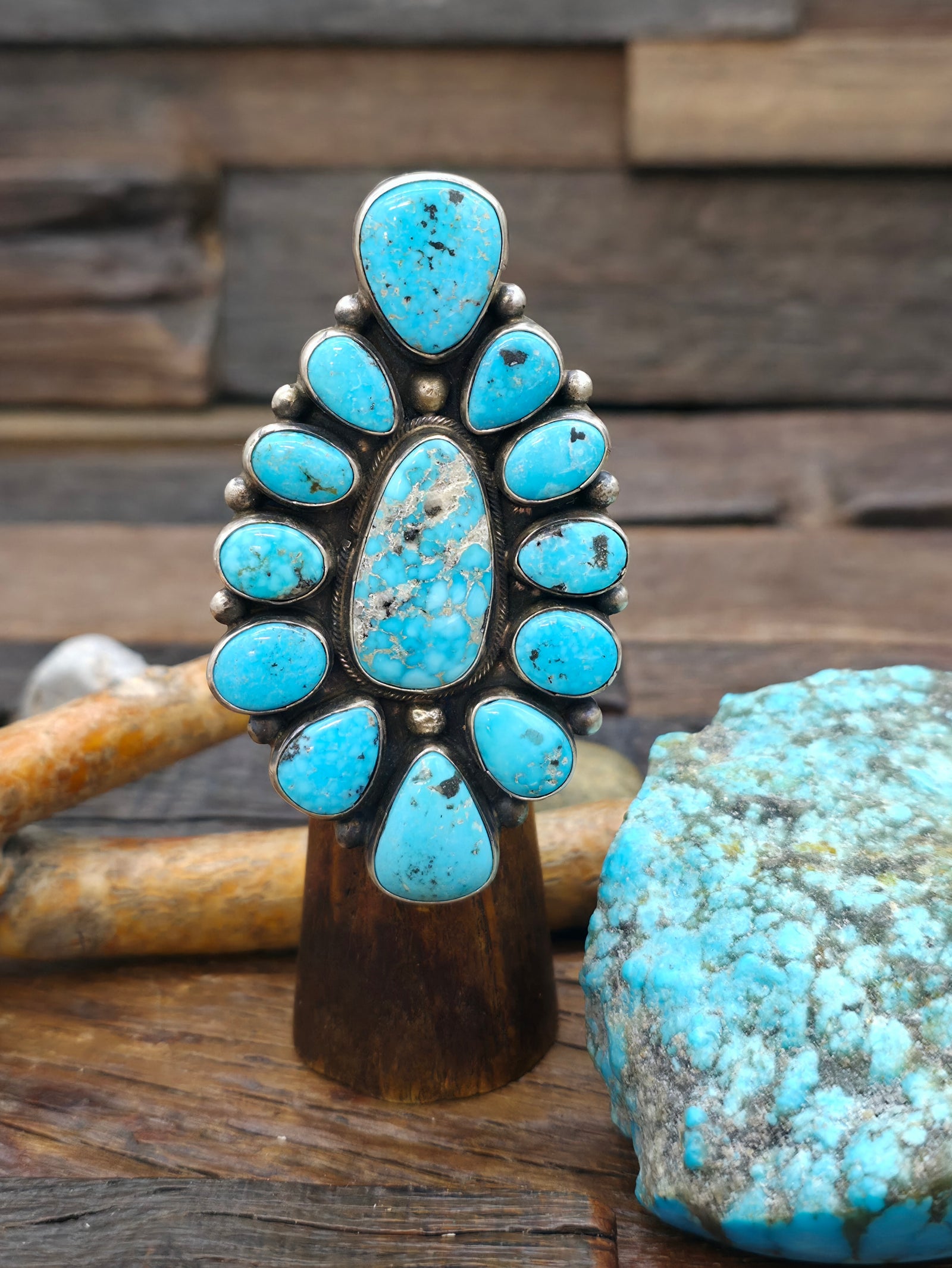 Kingman Turquoise Sterling Silver Cluster Ring Size by Travis James - Size 9 1/2